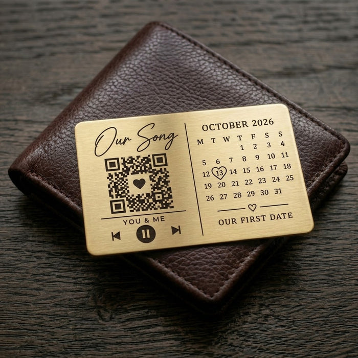 Gold personalised Our Song QR code wallet insert with engraved date