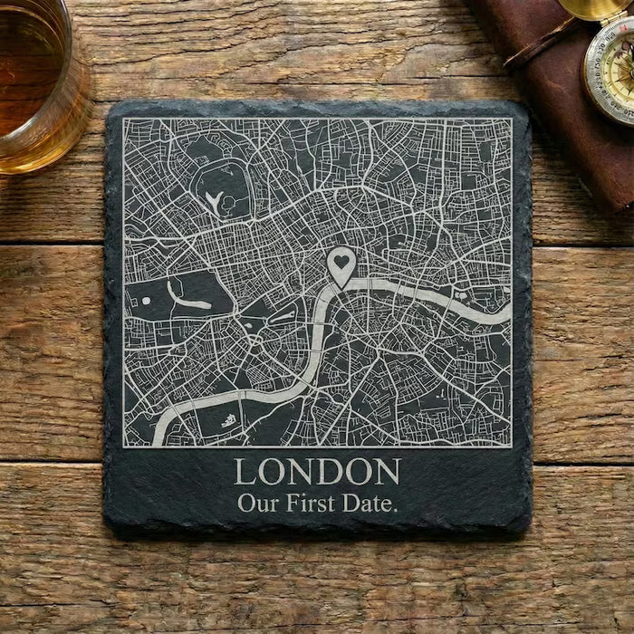 Where We Met slate coaster with custom map engraving