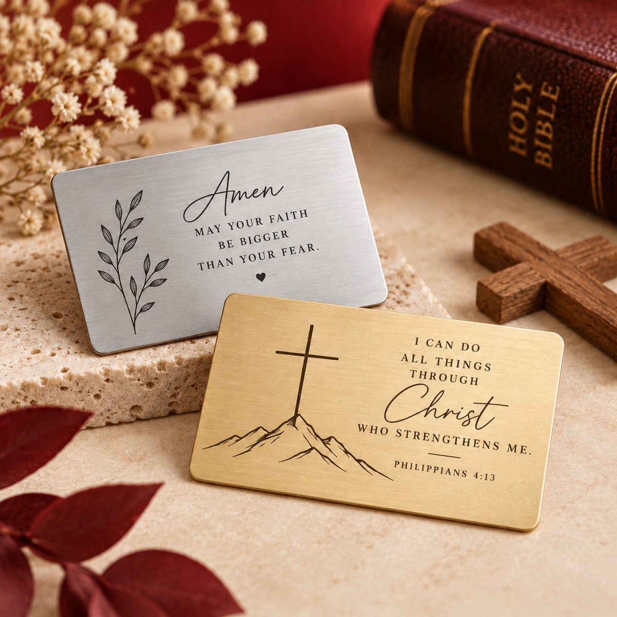 Silver and gold engraved Christian wallet inserts with a Bible, wooden cross and flowers