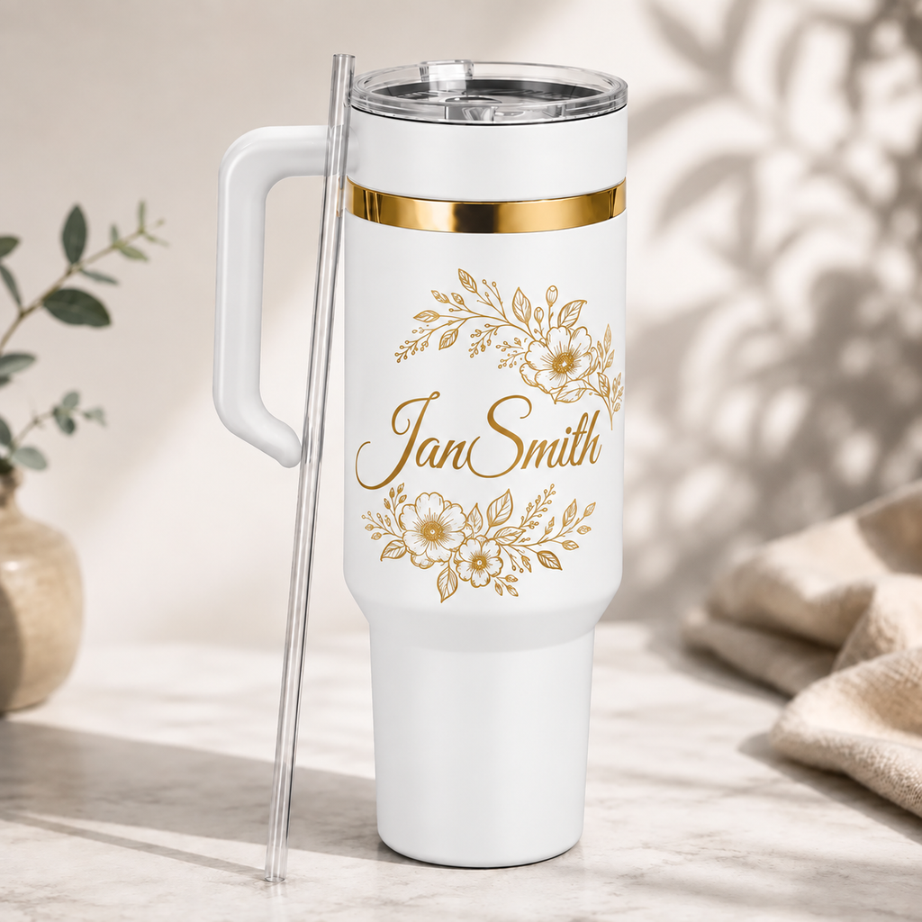 Personalised floral name 40oz tumbler shown from the front