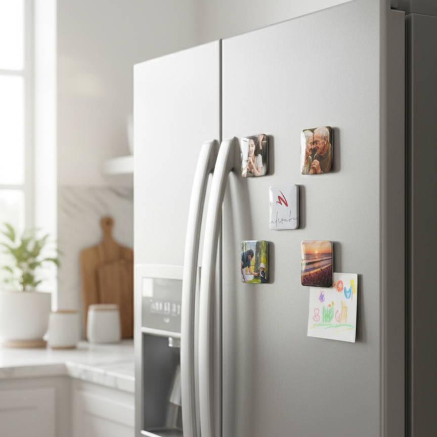 Modern refrigerator with decorative magnets in a kitchen setting
