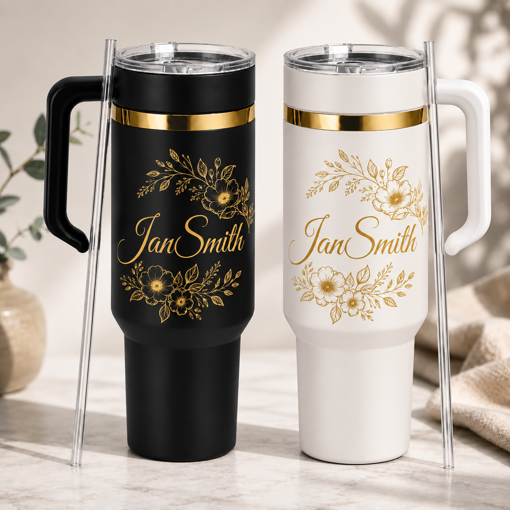 Personalised floral name 40oz tumbler with handle and gold engraving