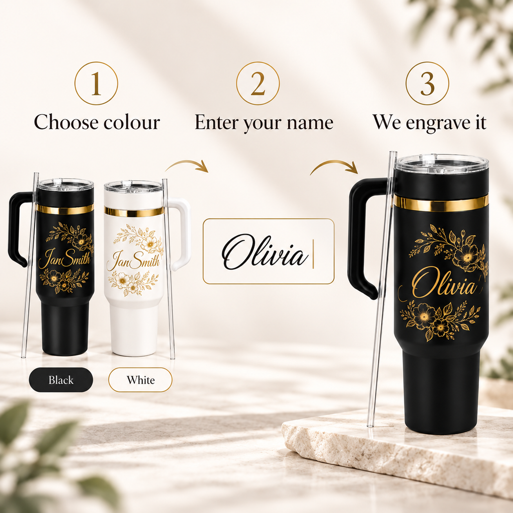 40oz handled tumbler with custom floral name engraving