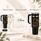 40oz handled tumbler with custom floral name engraving