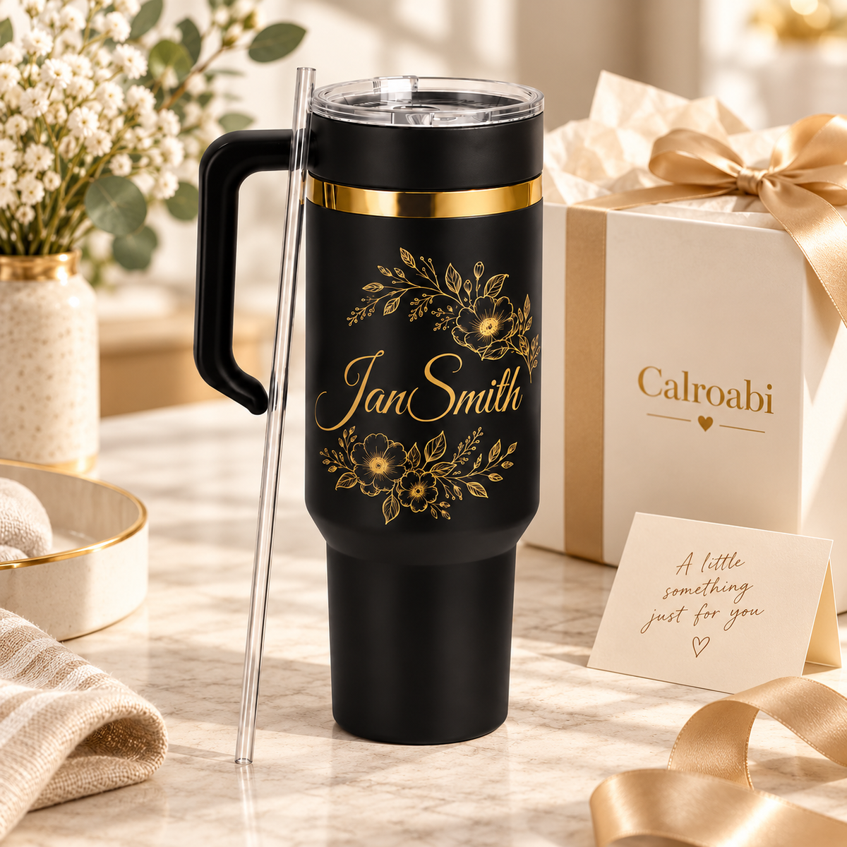 40oz personalised tumbler with floral name design and handle