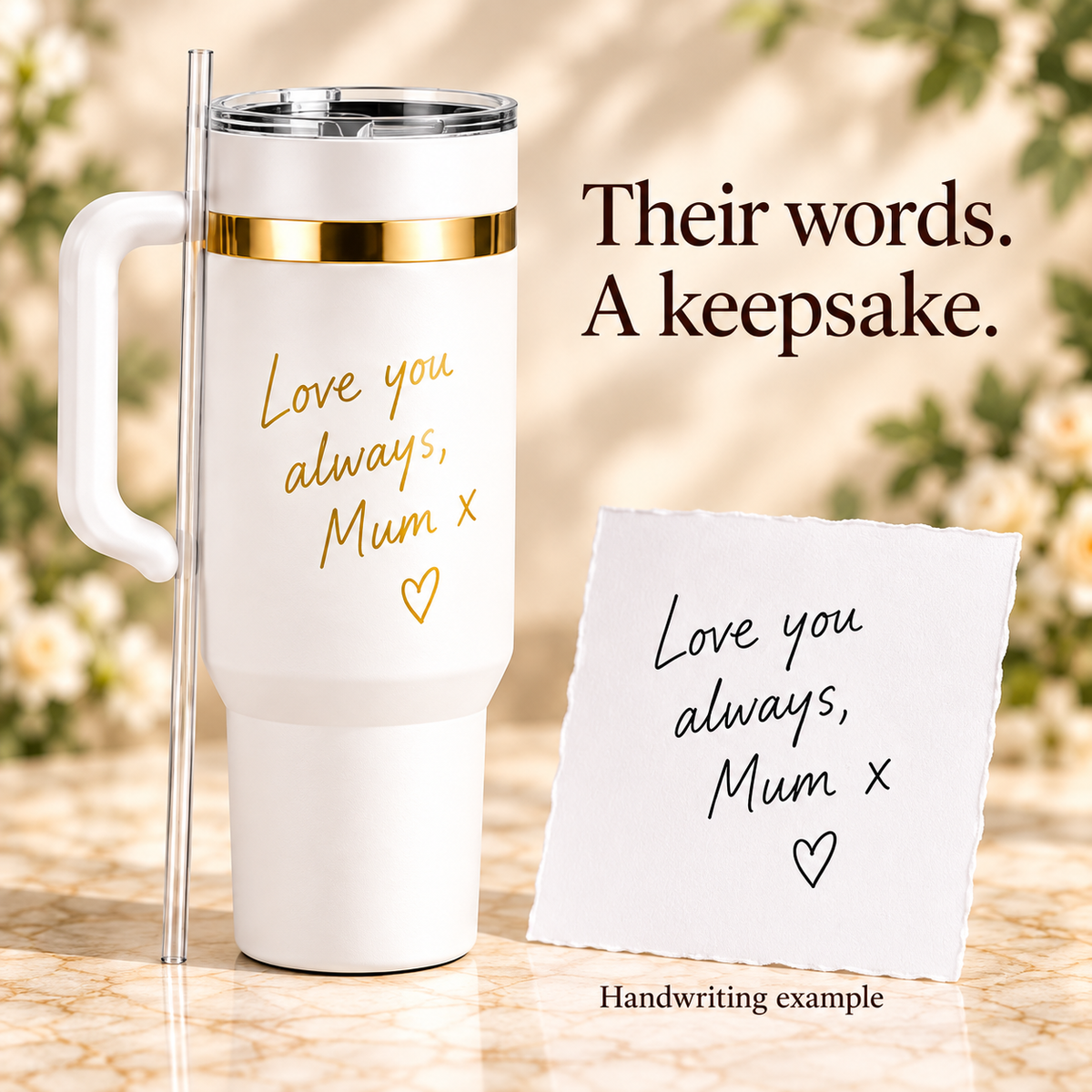 Personalised 40oz tumbler showing floral name engraving detail