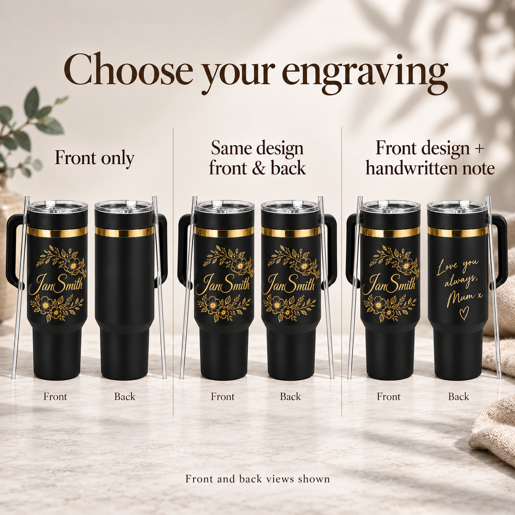 Personalised floral name tumbler with gold engraved design