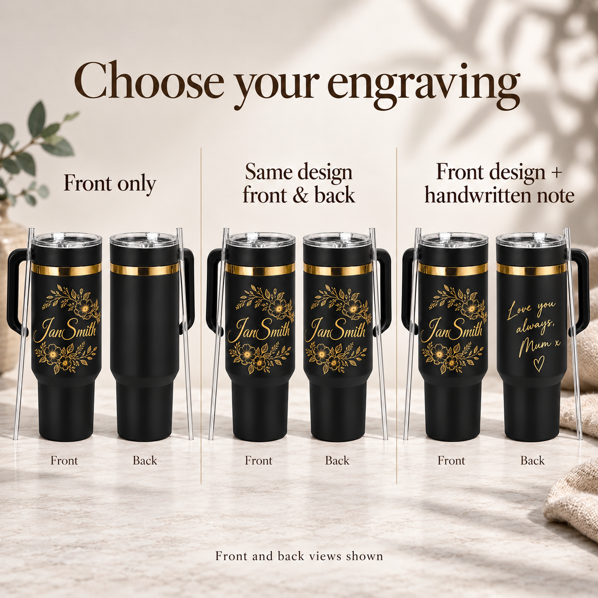 Personalised floral name tumbler with gold engraved design