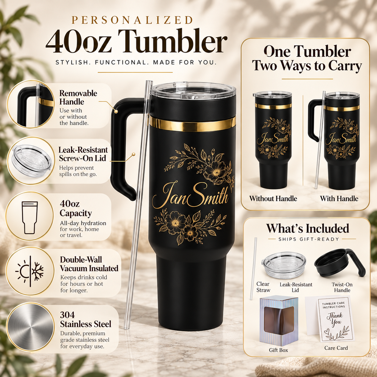 Personalised floral name 40oz tumbler product presentation