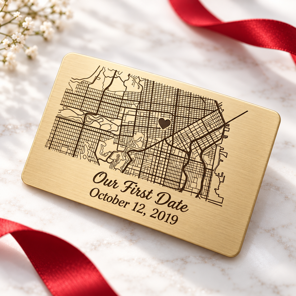Gold personalised map wallet insert with engraved date