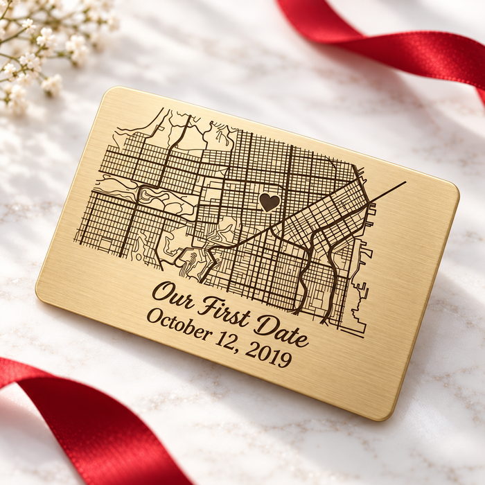 Gold personalised map wallet insert with engraved date