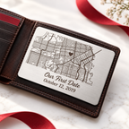 Personalised map wallet insert with engraved first date design