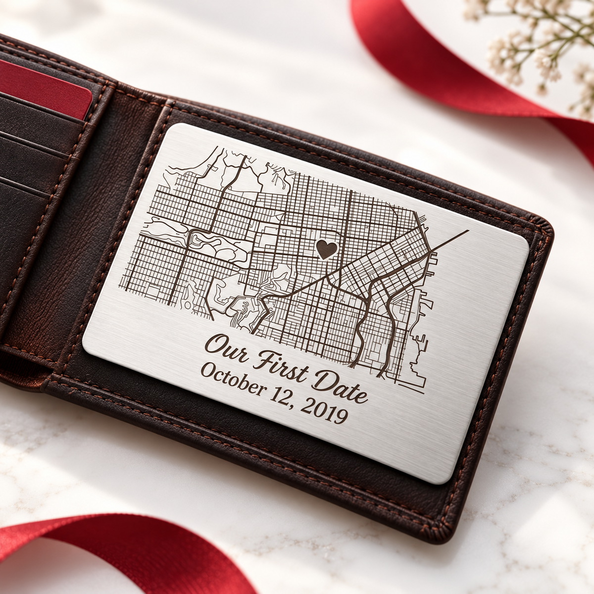 Personalised map wallet insert with engraved first date design