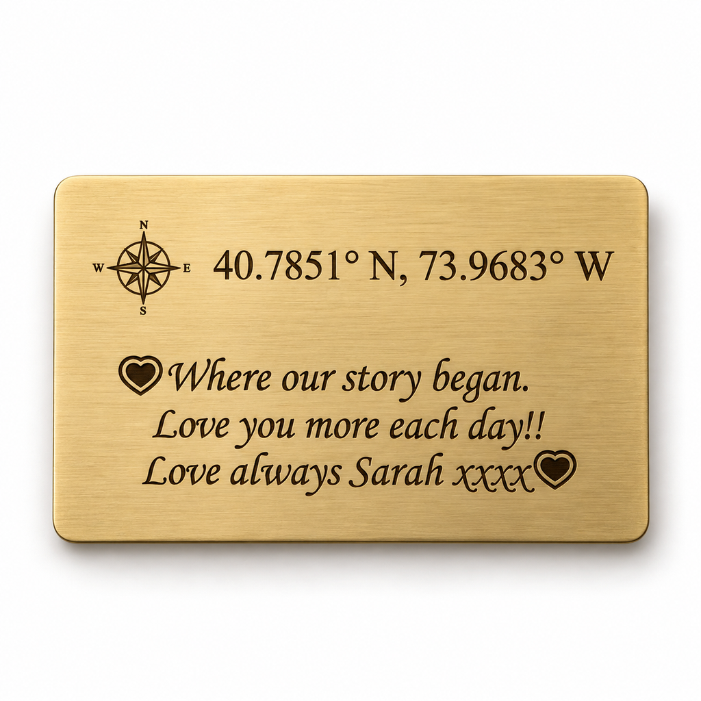 Gold personalised wallet insert with engraved compass design