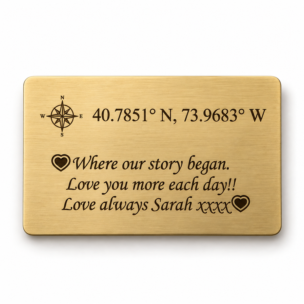 Gold personalised wallet insert with engraved compass design