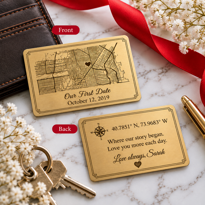 Gold map wallet insert showing personalised first date design