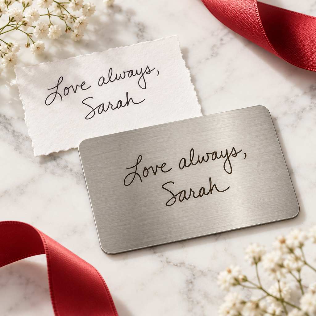 Personalised wallet insert with engraved love note and ribbon