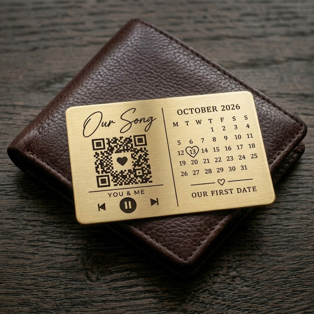 Gold personalised Our Song QR code wallet insert with engraved date