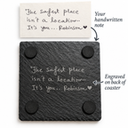 Handwritten note engraved on personalised slate coaster