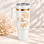 Personalised Botanical Floral Name 40oz Tumbler – Removable Handle