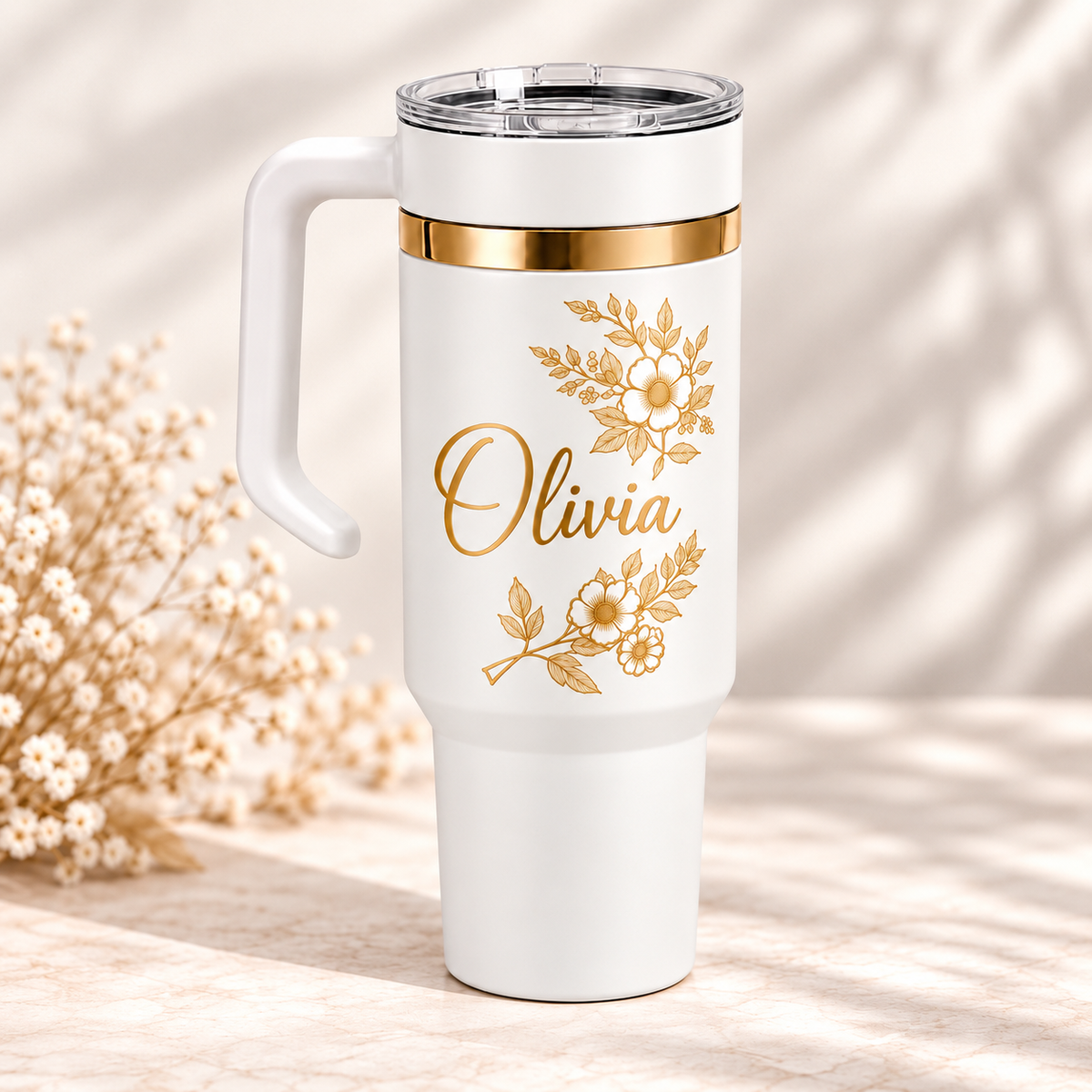 Personalised Botanical Floral Name 40oz Tumbler – Removable Handle