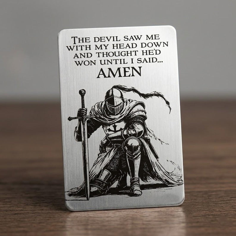 Gold Amen wallet card with kneeling knight Christian design