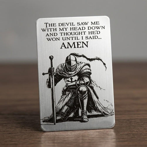 Gold Amen wallet card with kneeling knight Christian design