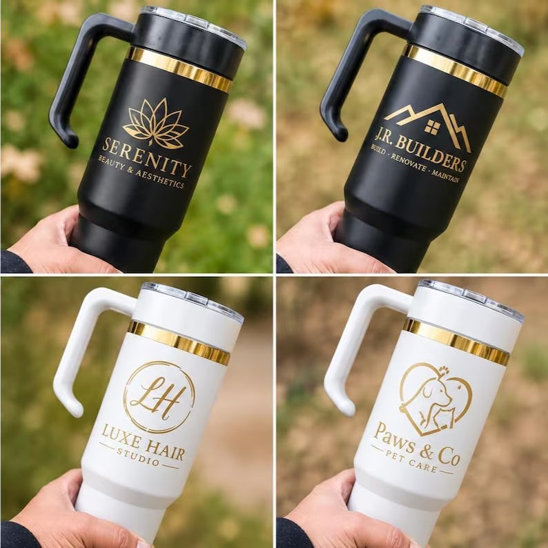 Black and white logo engraved tumbler design examples