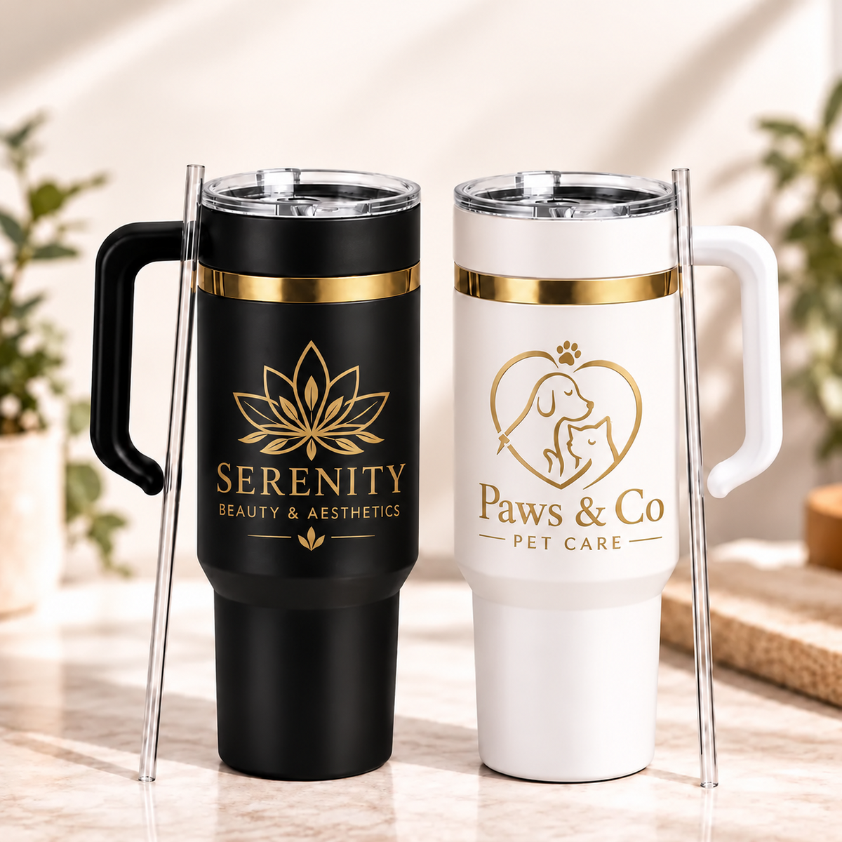 Black and white 40oz customised logo tumbler design examples