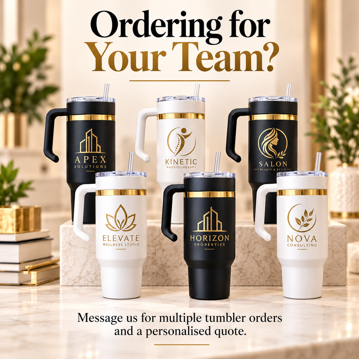 Personalised company-logo tumblers for team and corporate orders