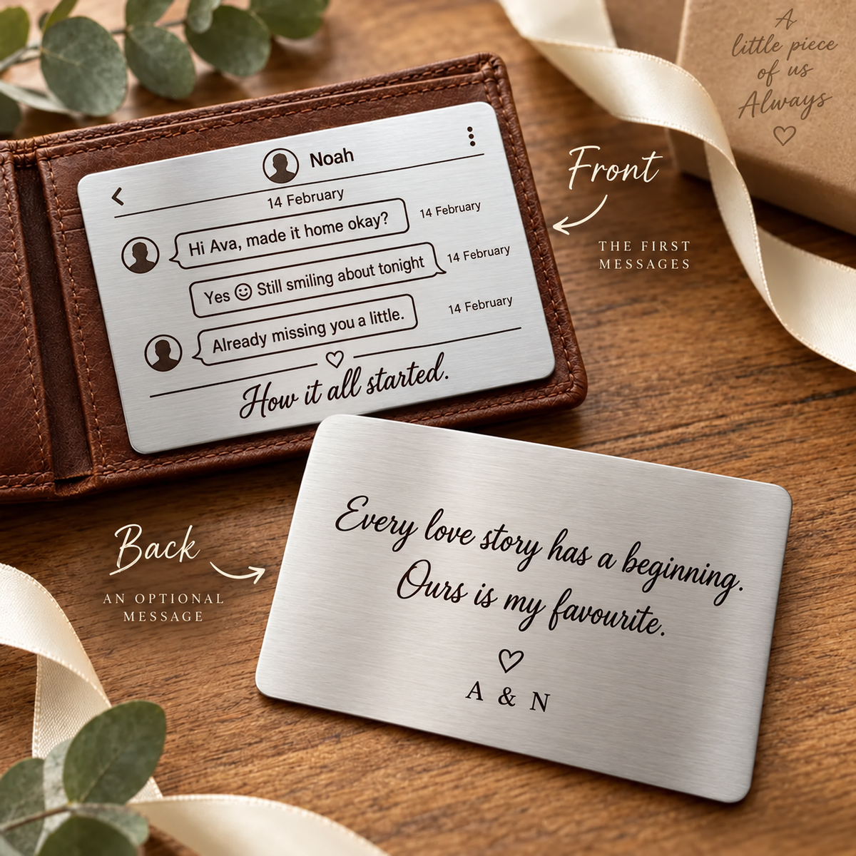 Illustrative personalised stainless steel wallet insert with first chat messages engraved on front and optional handwriting-style back message