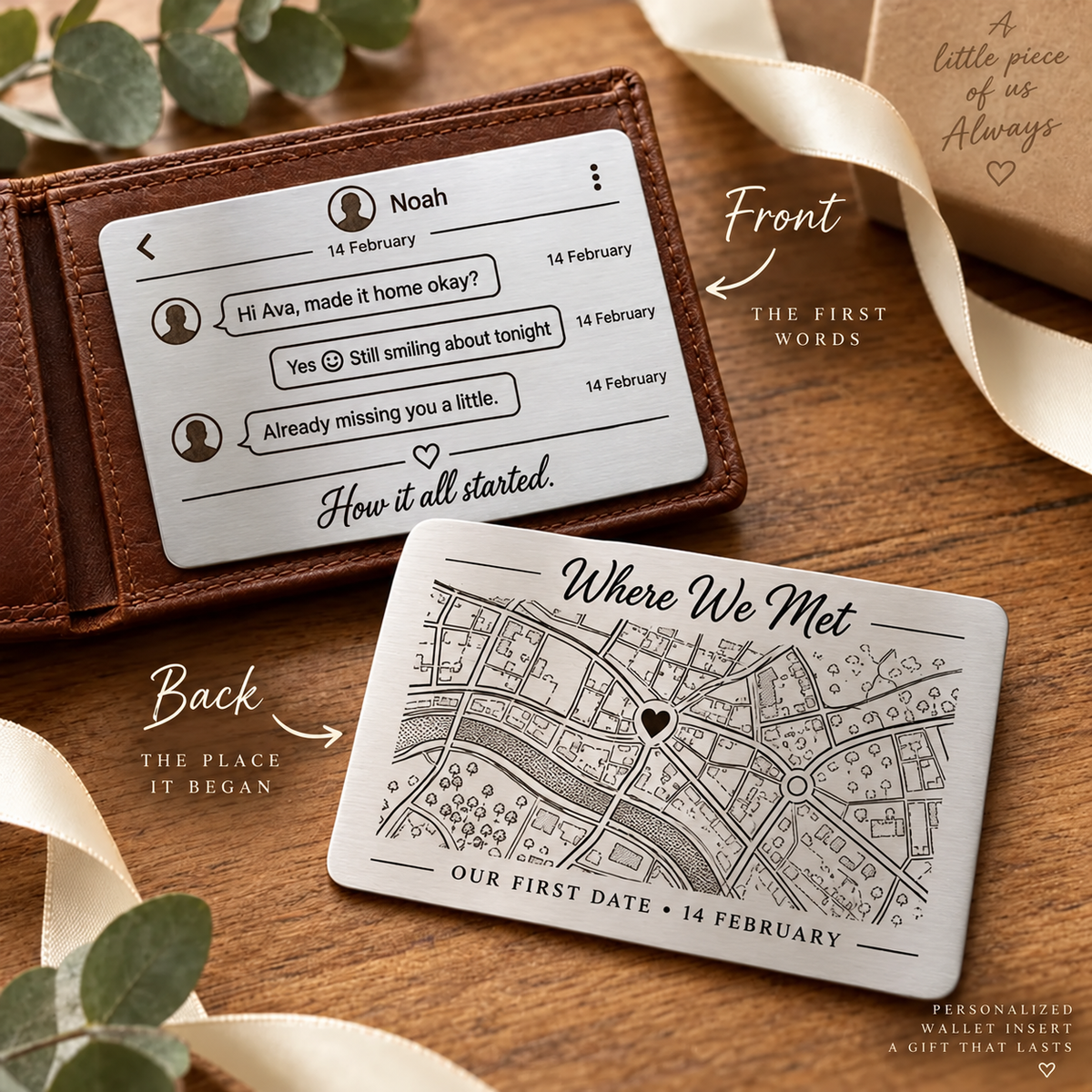 Illustrative silver personalised wallet insert with first chat messages engraved on front and where-we-met map with heart marker engraved on reverse