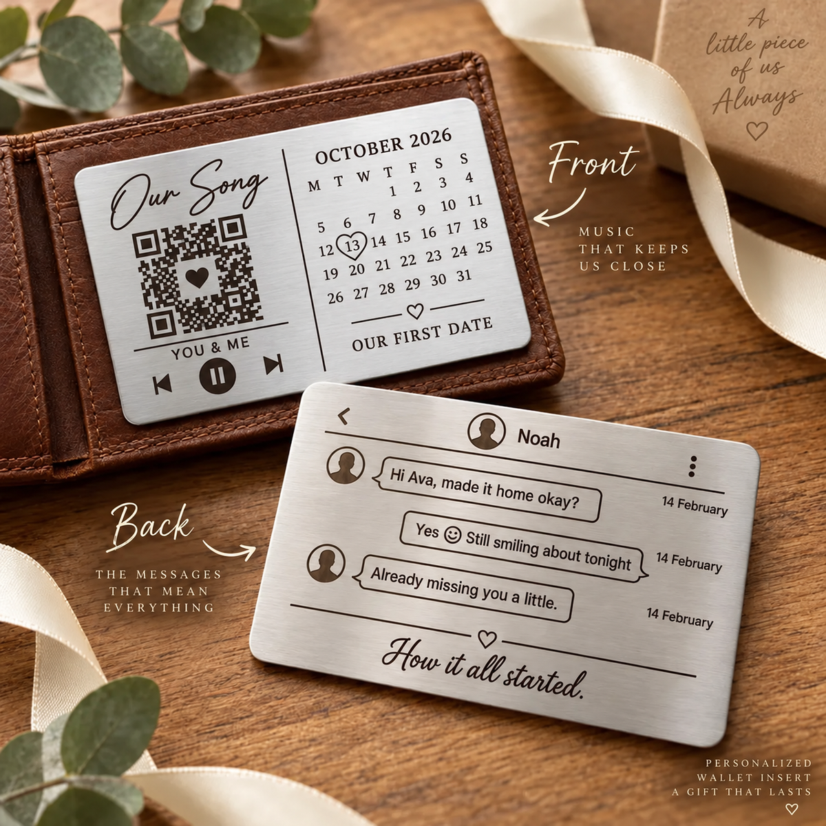 Our Song QR and calendar wallet insert front with first messages engraved on reverse – illustrative personalised sample