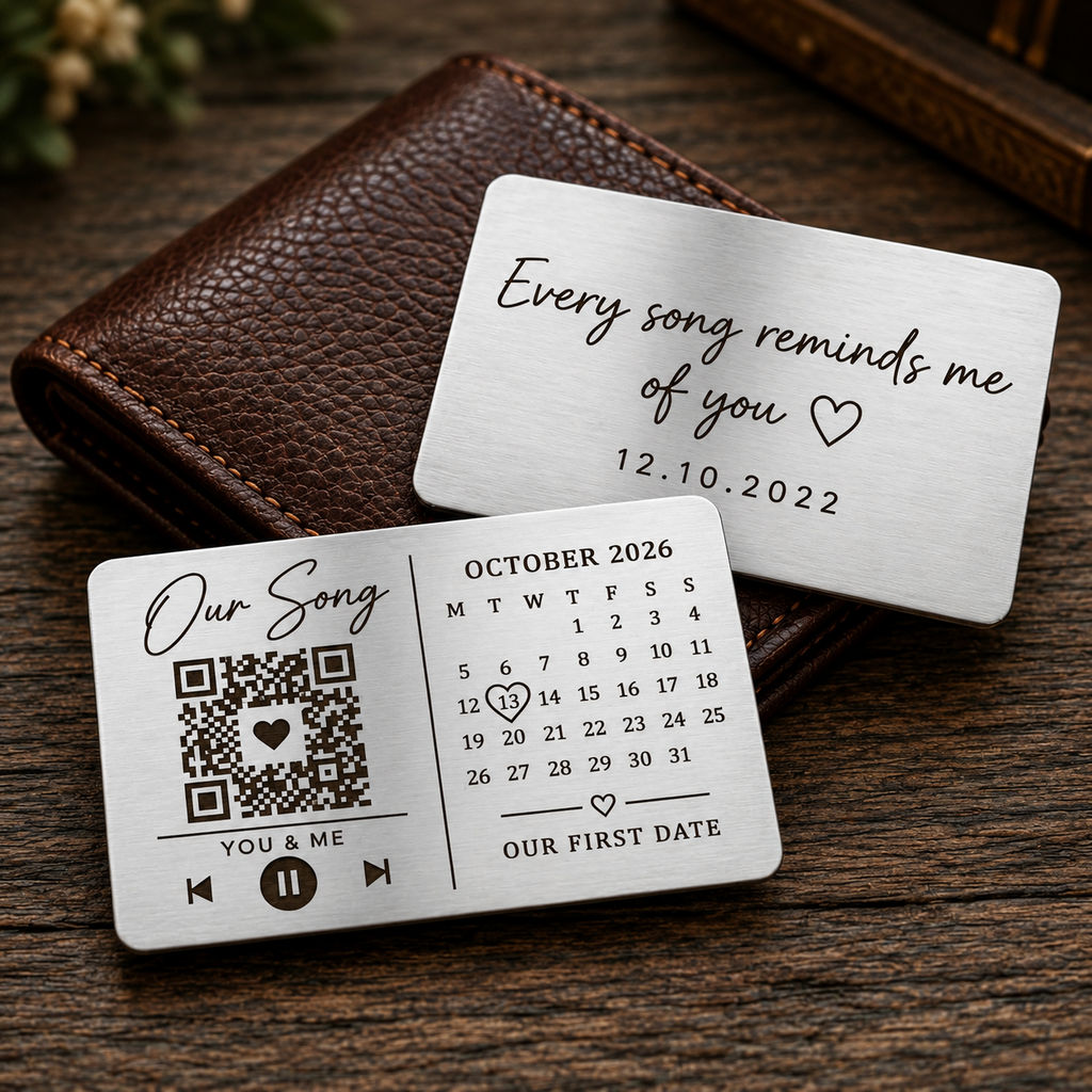 Personalised Our Song QR code wallet insert showing front and back engraving