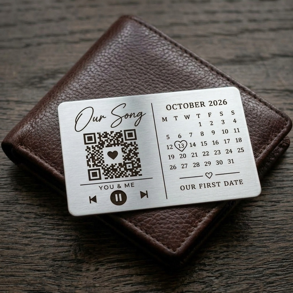 Front of personalised Our Song QR code wallet insert with calendar date
