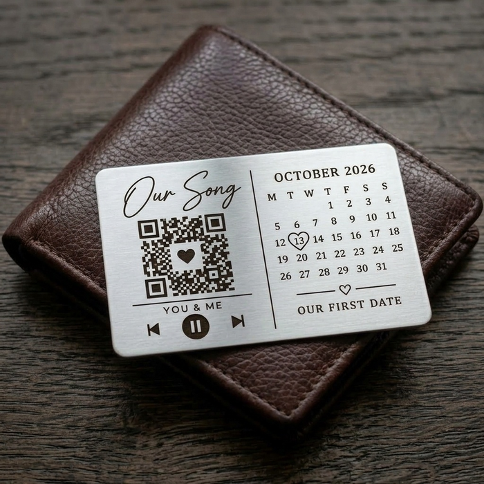 Front of personalised Our Song QR code wallet insert with calendar date
