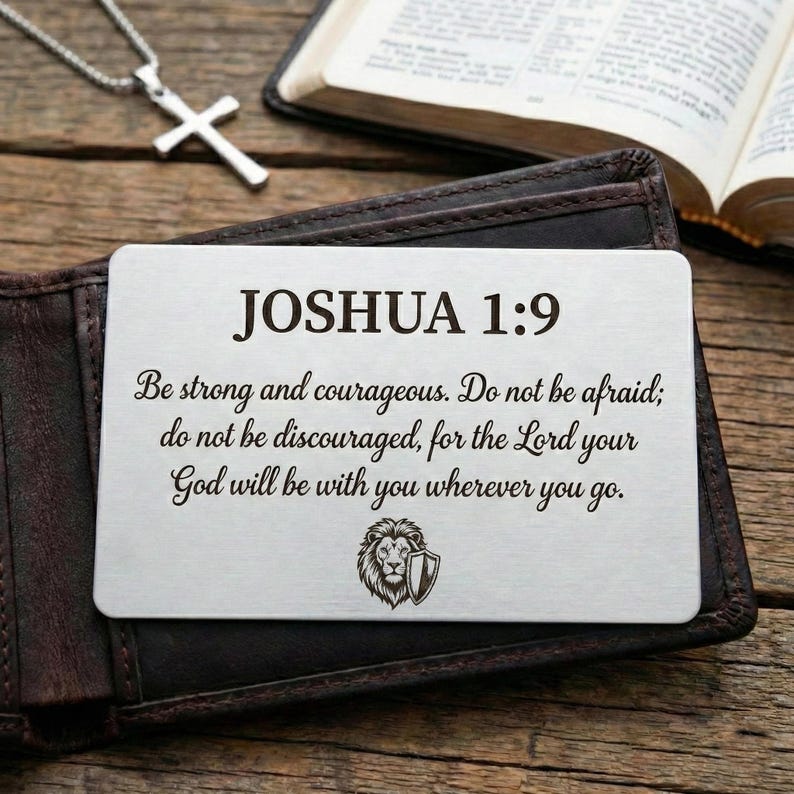 Silver Christian wallet insert engraved with Joshua 1:9