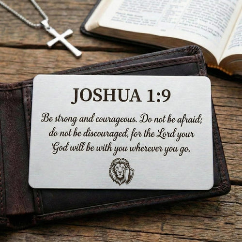 Silver Christian wallet insert engraved with Joshua 1:9