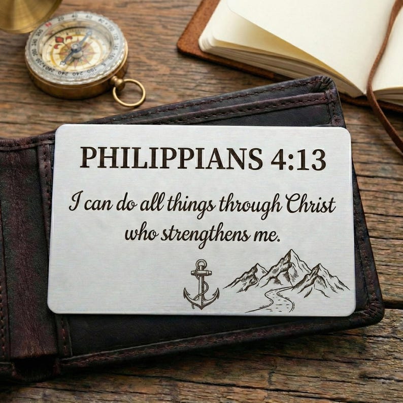 Silver Christian wallet insert engraved with Philippians 4:13