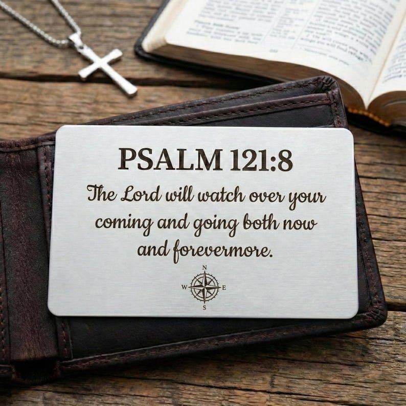 Silver Christian wallet insert engraved with Psalm 121:8