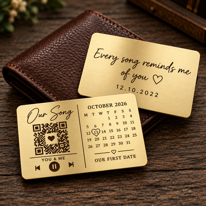 Personalised Our Song QR code wallet insert displayed in a leather wallet