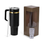 Black 40oz tumbler with gold finish and gift packaging
