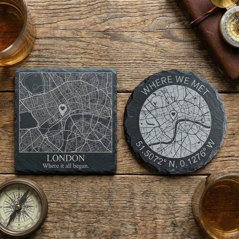 Personalised Where We Met map slate coaster with custom location