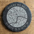 Custom map slate coaster with heart marking a special place