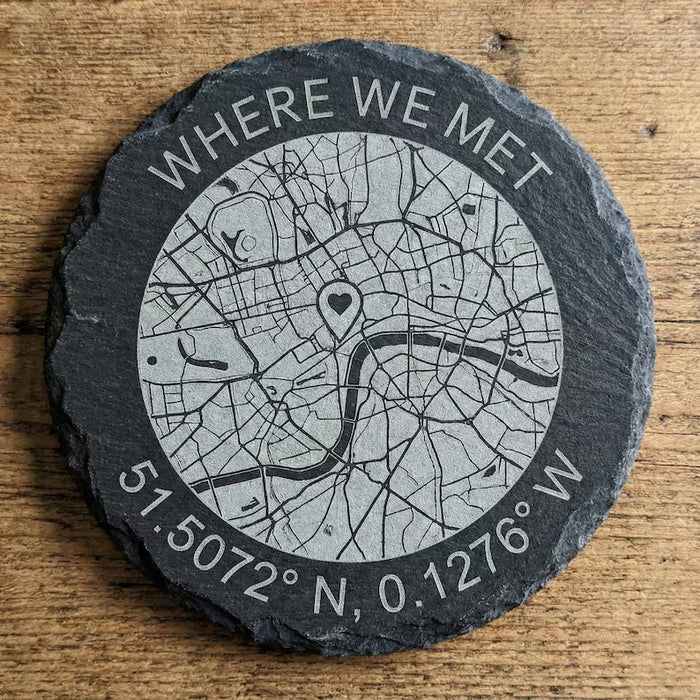 Custom map slate coaster with heart marking a special place