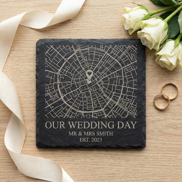 Personalised engraved slate coaster with map, wording and date