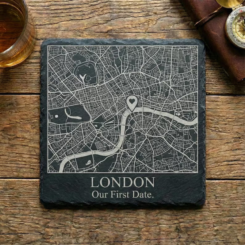 Where We Met slate coaster with custom map engraving