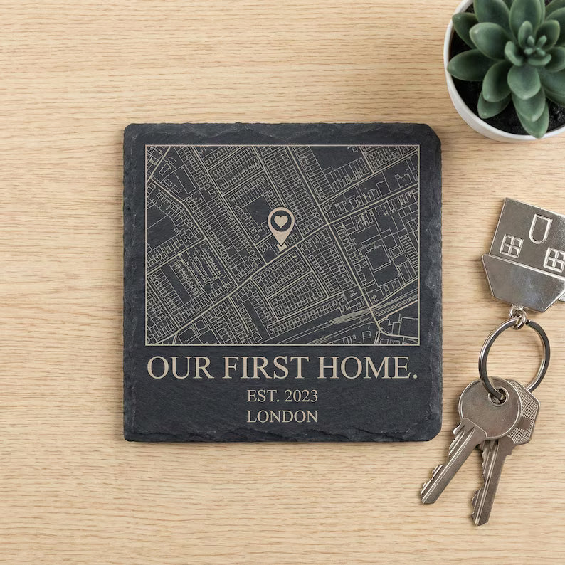 Personalised map slate coaster gift with custom location engraving