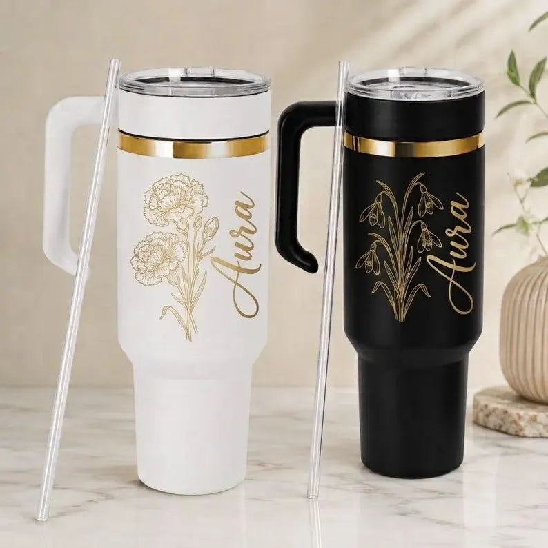 Personalised birth flower 40oz tumbler with name engraving