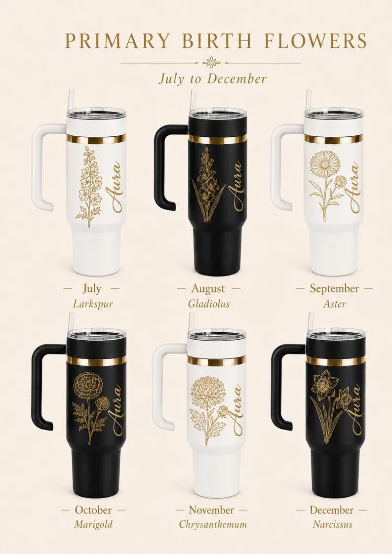Personalised birth flower engraving detail on 40oz tumbler